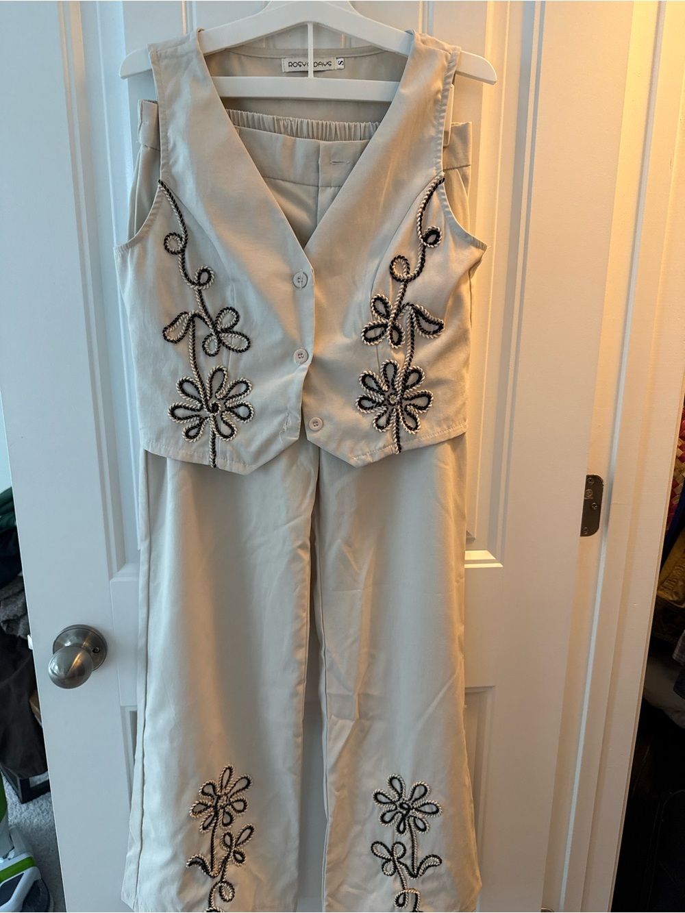 Roma Cream Embroidered Vest and Wide-Leg Pants Set
